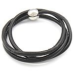 Cowhide Bracelet, stainless steel magnetic clasp, 3-strand, black, 4mm, 13mm, Sold Per 23 Inch Strand