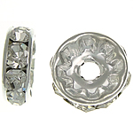 Rhinestone Spacers, Brass, Rondelle, silver color plated, with rhinestone, nickel, lead & cadmium free, 10x10x3.80mm, Hole:Approx 2.2mm, 500PCs/Bag, Sold By Bag
