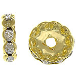 Rhinestone Spacers, Brass, Rondelle, gold color plated, with rhinestone, nickel, lead & cadmium free, 12x12x3.40mm, Hole:Approx 2.5mm, 500PCs/Bag, Sold By Bag