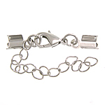 Brass Lobster Claw Cord Clasp, platinum color plated, with cord tip, nickel, lead & cadmium free, 6x12mm, 4.5x5mm, Length:2 Inch, 300Strands/Lot, Sold By Lot