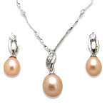 Naturliga Odlade Sötvatten Pearl Jewelry Sets, örhänge & halsband, Freshwater Pearl, med STRASS & Mässing, Rund, rosa, Grade AAA, 8x22mm, 9x25mm, Längd 17 inch, Säljs av Ställ