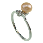 Freshwater Pearl Finger Ring, with Brass, platinum color plated, pink, 7-8mm, Hole:Approx 16-18mm, Sold By PC