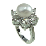Freshwater Pearl Finger Ring with Rhinestone & Brass platinum color plated 9-10mm Approx 16-18mm Sold By PC