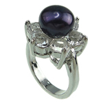 Zoetwater Parel Finger Ring, met Bergkristal & Messing, platinum plated, 9-10mm, Gat:Ca 16-18mm, Verkocht door PC