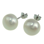 Boucles d'oreilles en perles d'eau douce, perle d'eau douce cultivée, laiton puce boucle d'oreille, ovale, blanc, 9-10mm, Vendu par paire