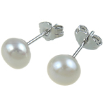 Freshwater Pearl Earrings, brass post pin, Round, white, 6-7mm, Sold By Pair