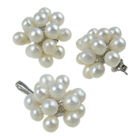 Natural Cultured Freshwater Pearl Jewelry Sets, pendant & earring, with Brass, Round, platinum color plated, white, nickel, lead & cadmium free, 5-6mm, Hole:Approx 2x6mm, Sold By Set