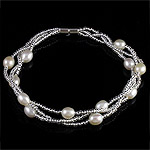 Sötvatten odlade Pearl Bracelet, Glass Seed Beads, med Freshwater Pearl, järn skruva lås, 3-slagen, 5-6mm, Såld Per Ca 7 inch Strand