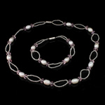 Natural Cultured Freshwater Pearl Jewelry Sets bracelet & necklace with Crystal & Glass Seed Beads iron screw clasp Rice white 7-8mm Length 17 Inch 7.5 Inch Sold By Set