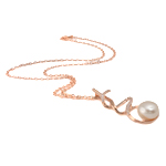 Freshwater Pearl Brass Necklace, with Rhinestone & Brass, Flat Round, natural, pink, 22x47mm, 13mm, Sold Per 17 Inch Strand