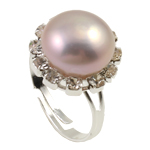 Freshwater Pearl Finger Ring with Rhinestone & Brass platinum color plated pink 9-10mm Approx 16-18mm Sold By PC