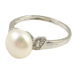 Freshwater Pearl Finger Ring, with Rhinestone & Brass, platinum color plated, white, 10-11mm, Hole:Approx 18mm, US Ring Size:7.5, Sold By PC