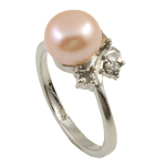 Freshwater Pearl Finger Ring, with Rhinestone & Brass, platinum color plated, pink, 8-9mm, Hole:Approx 18-19mm, Sold By PC