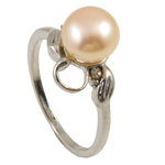 Freshwater Pearl Finger Ring with Rhinestone & Brass platinum color plated pink 8-9mm Approx 18-19mm Sold By PC