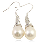 Freshwater Pearl Earrings, with Rhinestone, brass earring hook, white, 10x40mm, Sold By Pair