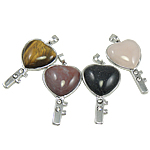 Gemstone Vedhæng Smykker, Ædelsten, med Zinc Alloy, Heart, naturlig, med rhinestone, blandede farver, 29x52x6mm, Hole:Ca. 5x7.5mm, 30pc'er/Bag, Solgt af Bag