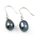 Freshwater Pearl Earrings, brass earring hook, platinum color plated, dark blue, 9-10mm, 28-30mm, Sold By Pair