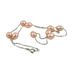 Freshwater Pearl Brass Necklace, with Brass, Oval, natural, pink, 7-8mm, Sold Per 17 Inch Strand