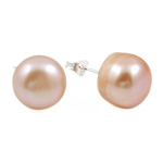 Freshwater Pearl Earrings, brass post pin, platinum color plated, pink, 10-11mm, Sold By Pair