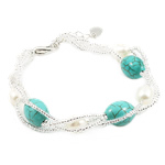 Bracelets turquoises de mode, perles de rocaille en verre, avec turquoise naturelle & perle d'eau douce cultivée, laiton fermoir magnétique, 7-8mm, 10x14mm, Vendu par 7.5 pouce brin