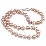 Natural Freshwater Pearl Necklace, with Rhinestone, brass clasp, Round, pink, 9-10mm, Sold Per 17 Inch Strand