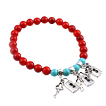 Coral Bracelet, with Natural Turquoise & Tibetan Style, red, 7x14x2.50mm, Length:6.5 Inch, 10Strands/Bag, Sold By Bag