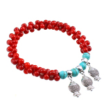 Coral Bracelet, with Natural Turquoise & Tibetan Style, red, 8x15x2.50mm, Length:7 Inch, 10Strands/Bag, Sold By Bag