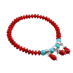 Bracelet corail, corail synthétique, avec turquoise naturelle & alliage de zinc, synthétique, rouge, 4x9mm, Longueur 6.5 pouce, 10Strandstoron/sac, Vendu par sac