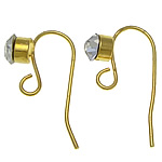 Blås Hook Earwire, Mässing, guldfärg pläterade, med ögla & med strass, nickel, bly och kadmium gratis, 18-19x6-7x0.6mm, Hål:Ca 2mm, 500PC/Bag, Säljs av Bag