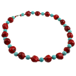 Coral Necklace, Natural Coral, with Natural Turquoise, brass lobster clasp, two tone, 14mm, Sold Per 17 Inch Strand