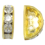 Rhinestone Spacers, Brass, Moon, gold color plated, with rhinestone & double-hole, 7x13x4mm, Hole:Approx 1mm, 300PCs/Bag, Sold By Bag