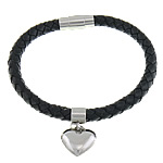 Cowhide Bracelet, with 316L Stainless Steel, Heart, black, 16x27mm, 6mm, 18x8mm, Sold Per Approx 8.5 Inch Strand