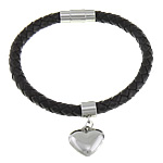 Cowhide Bracelet, with 316L Stainless Steel, Heart, black, 16x27mm, 6mm, 18x8mm, Sold Per Approx 8.5 Inch Strand