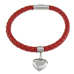 Cowhide Bracelet with 316L Stainless Steel Heart red 6mm Sold Per Approx 8.5 Inch Strand