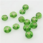Sølv Foret Glass Seed Beads, Glas Seed Beads, Rondelle, grøn, 2x3mm, Hole:Ca. 1mm, Solgt af Bag