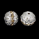 Hollow Brass Beads, Round, silver color plated, with rhinestone, nickel, lead & cadmium free, 16x17mm, Hole:Approx 2.2mm, 100PCs/Bag, Sold By Bag