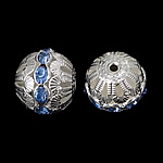 Hollow Brass Beads, Drum, silver color plated, with rhinestone, nickel, lead & cadmium free, 16x17mm, Hole:Approx 2.2mm, 100PCs/Bag, Sold By Bag