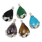 Gemstone Pendants Jewelry, with Tibetan Style, Teardrop, natural, mixed colors, 26x42x8mm, Hole:Approx 5x6mm, 30PCs/Bag, Sold By Bag