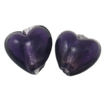Perles murano feuille d'argent, chalumeau, coeur, violet, 15x9mm, Trou:Environ 2mm, 100PC/sac, Vendu par sac
