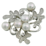 Freshwater Pearl Brooch, with Brass, Flower, with rhinestone, white, 44.50x45.50x16mm, Sold By PC
