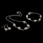 Natural Cultured Freshwater Pearl Jewelry Sets, bracelet & earring & necklace, brass lobster clasp, brass earring hook, Oval, white, 6-7mm, 34mm, Length:18.5 Inch,  6.5 Inch, Sold By Set