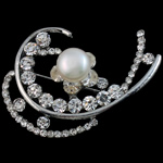 Rhinestone Brooch with Freshwater Pearl & Brass with rhinestone silver color 9-10mm Sold By PC