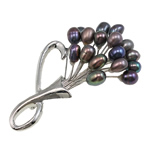 Freshwater Pearl Brooch, with Brass, Flower, with rhinestone, black, 6-7mm, 64x50mm, Sold By PC