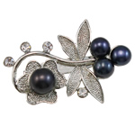 Freshwater Pearl Brooch, with Brass, Flower, with rhinestone, black, 47x32x13mm, Sold By PC