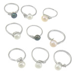 Freshwater Pearl Finger Ring, with Brass, platinum color plated, adjustable & with rhinestone & mixed, 7.2-7.8mm, US Ring Size:5-8, 50PCs/Lot, Sold By Lot
