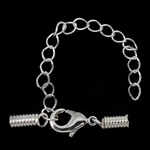 Brass Lobster Claw Cord Clasp, silver color plated, with cord coil, nickel, lead & cadmium free, 30mm, 6x12x3mm, 3x8mm, Hole:Approx 2mm, 300Sets/Lot, Sold By Lot