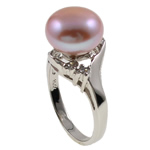 Freshwater Pearl Finger Ring, with 925 Sterling Silver, Round, with rhinestone, purple, 21x31x12.50mm, Hole:Approx 16-18mm, US Ring Size:5, Sold By PC