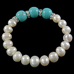Freshwater Cultured Pearl Bracelet, Freshwater Pearl, with Natural Turquoise & Rhinestone & Brass, white, 12mm, Sold Per 7.5 Inch Strand