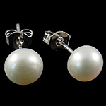 Boucles d'oreilles en perles d'eau douce, perle d'eau douce cultivée, avec strass, laiton puce boucle d'oreille, Rond, blanc, 6-7mm, Vendu par paire