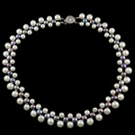 Природное пресноводное жемчужное ожерелье, Пресноводные жемчуги, латунь оробка для застёжки, В форме кнопки, натуральный, белый, 6-10mm, Продан через 17.5 дюймовый Strand